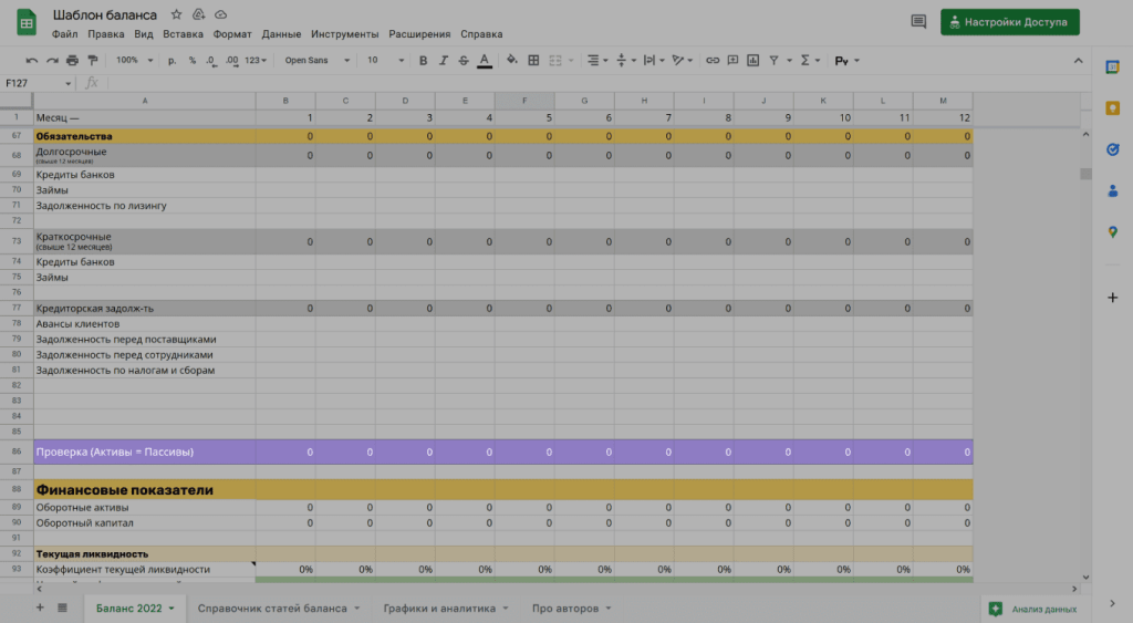 Скриншот с примером шаблона таблицы баланса